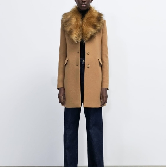 Zara Tan Coat with Removable Faux Fur Collar, XS - Picture 1 of 8